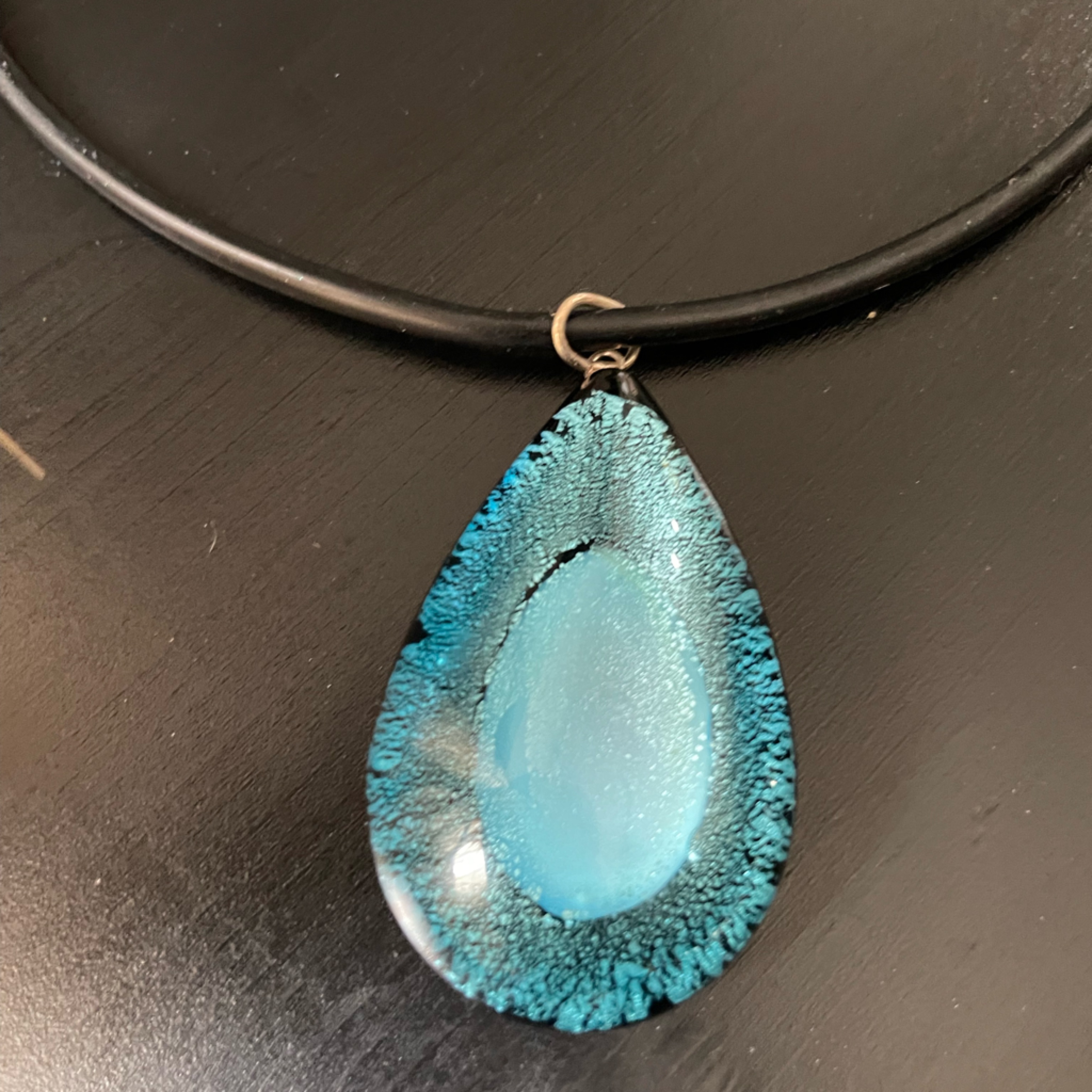 Stunning Murano Necklace. Blue With Black Cord And Sterling Silver Connections